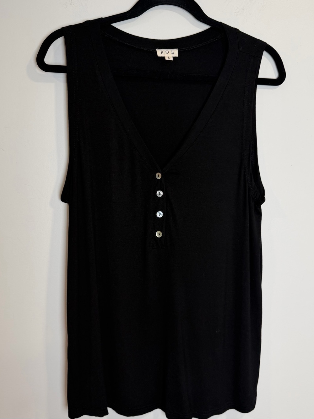 POL Tank Top Women’s Size L Black Henley Ribbed V Neck Button Front Lightweight